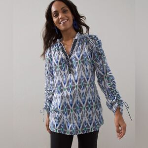 Chico’s Ikat Print 3/4 Sleeve Top Sz 0.5 US 6 Beaded Neckline Ruched Ramie Blend